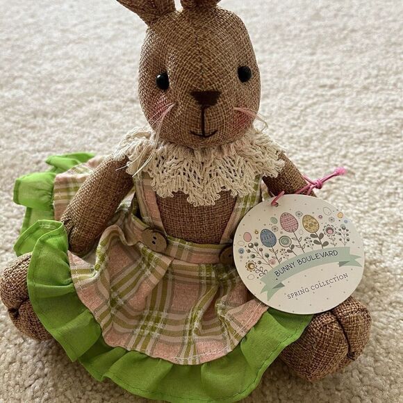 Bunny Boulevard Easter Bunny Rabbit Plush Floppy Ear Pink Gingham Dress Brown - Picture 3 of 9